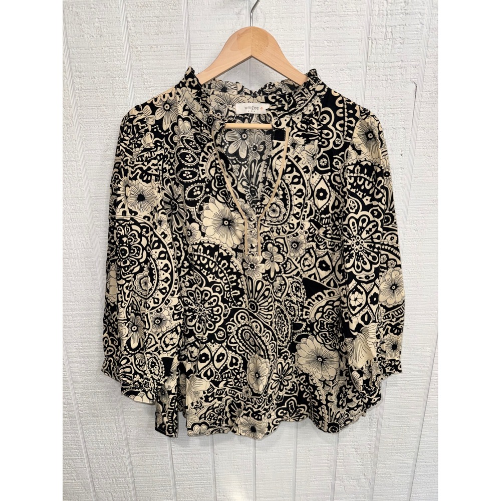 Umgee Blouse Women Black Cream Paisley Floral Boho Ruffle Plus Size L